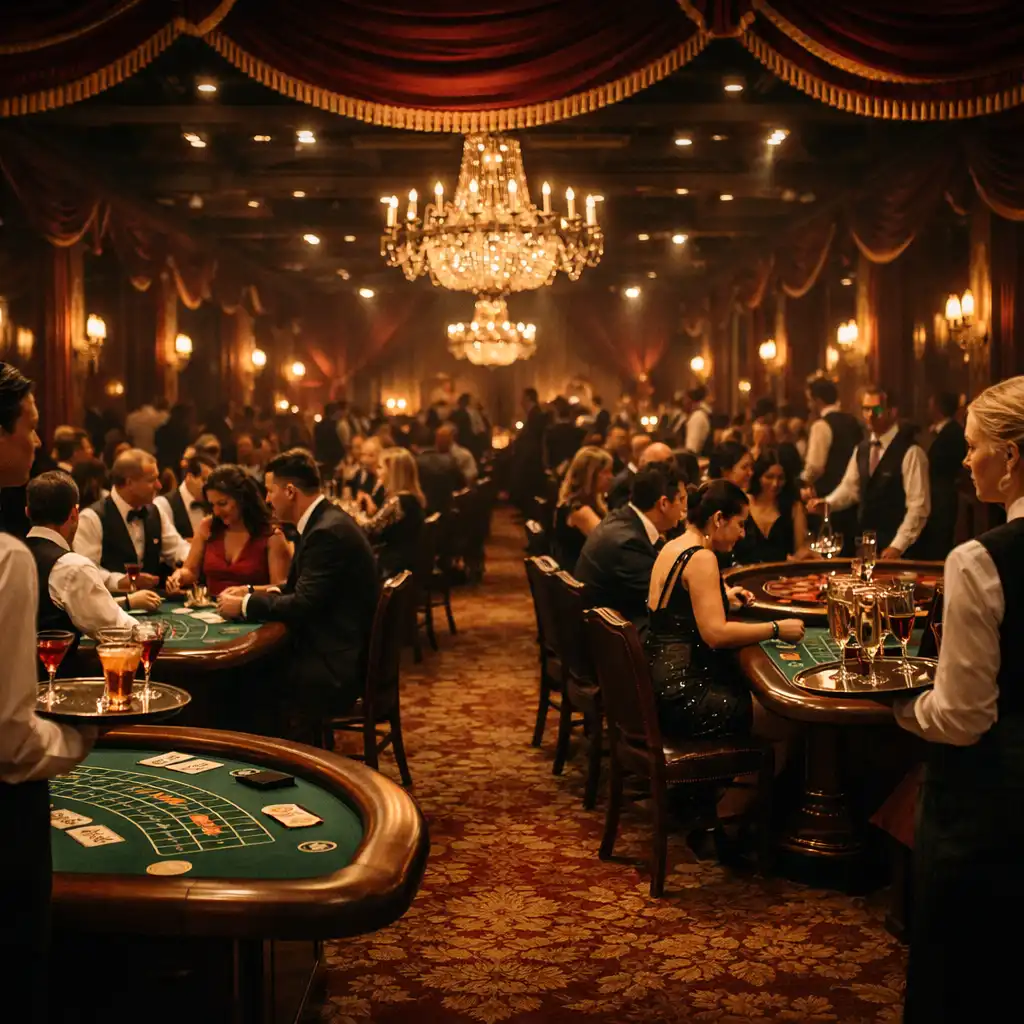 Sala bankietowa z rzędami stołów do blackjacka i ruletki podczas eventu Qavu Nexo