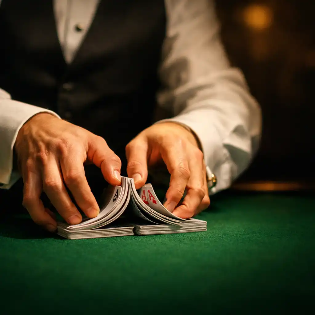 Dłonie krupiera tasujące karty do blackjacka na zielonym suknie