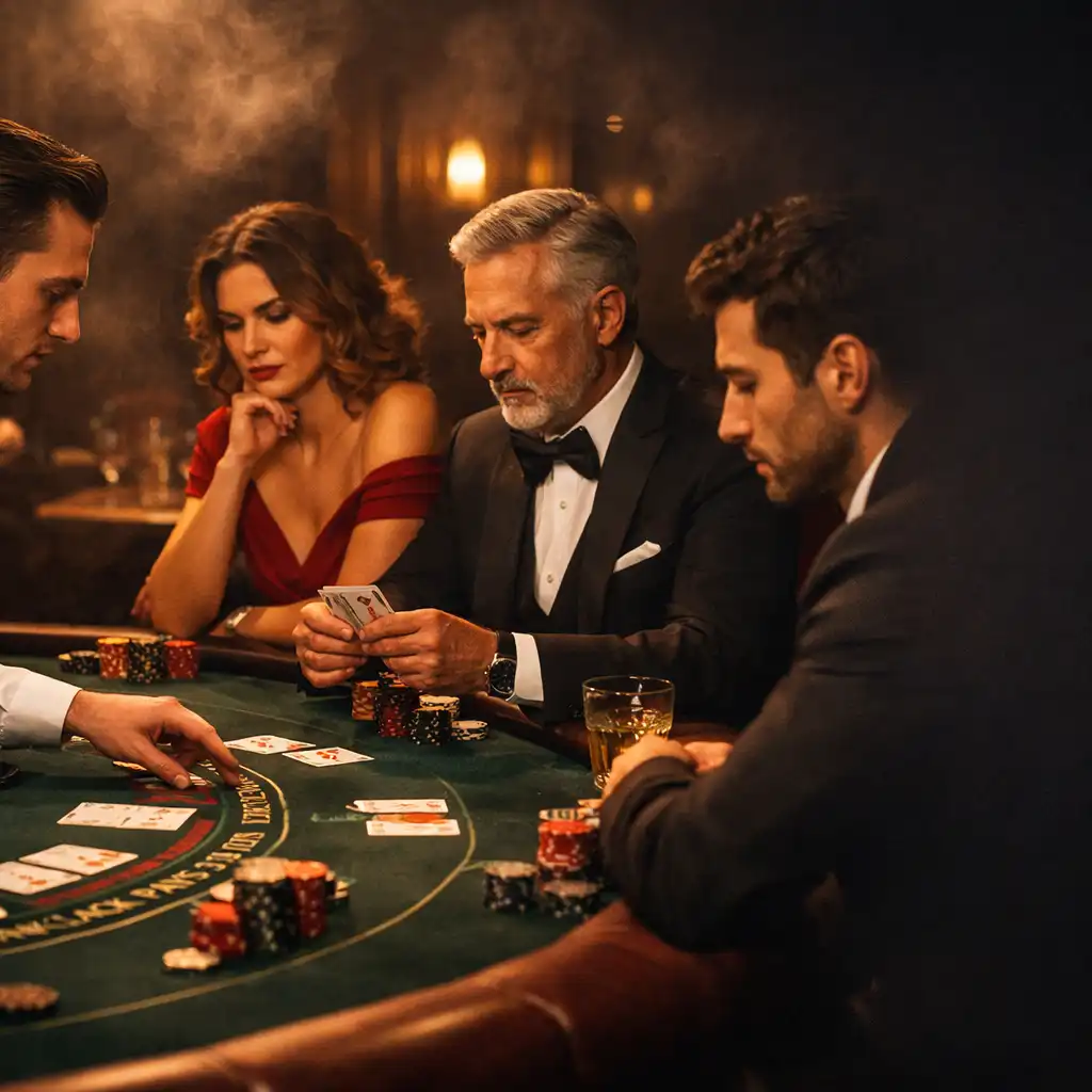 Stół do blackjacka z graczami w eleganckich strojach, skupionymi na grze