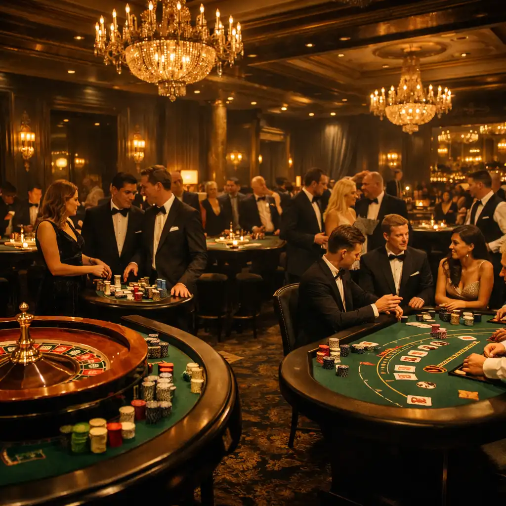Elegancka sala eventowa z stołami do ruletki i blackjacka podczas ekskluzywnego wieczoru kasynowego offline