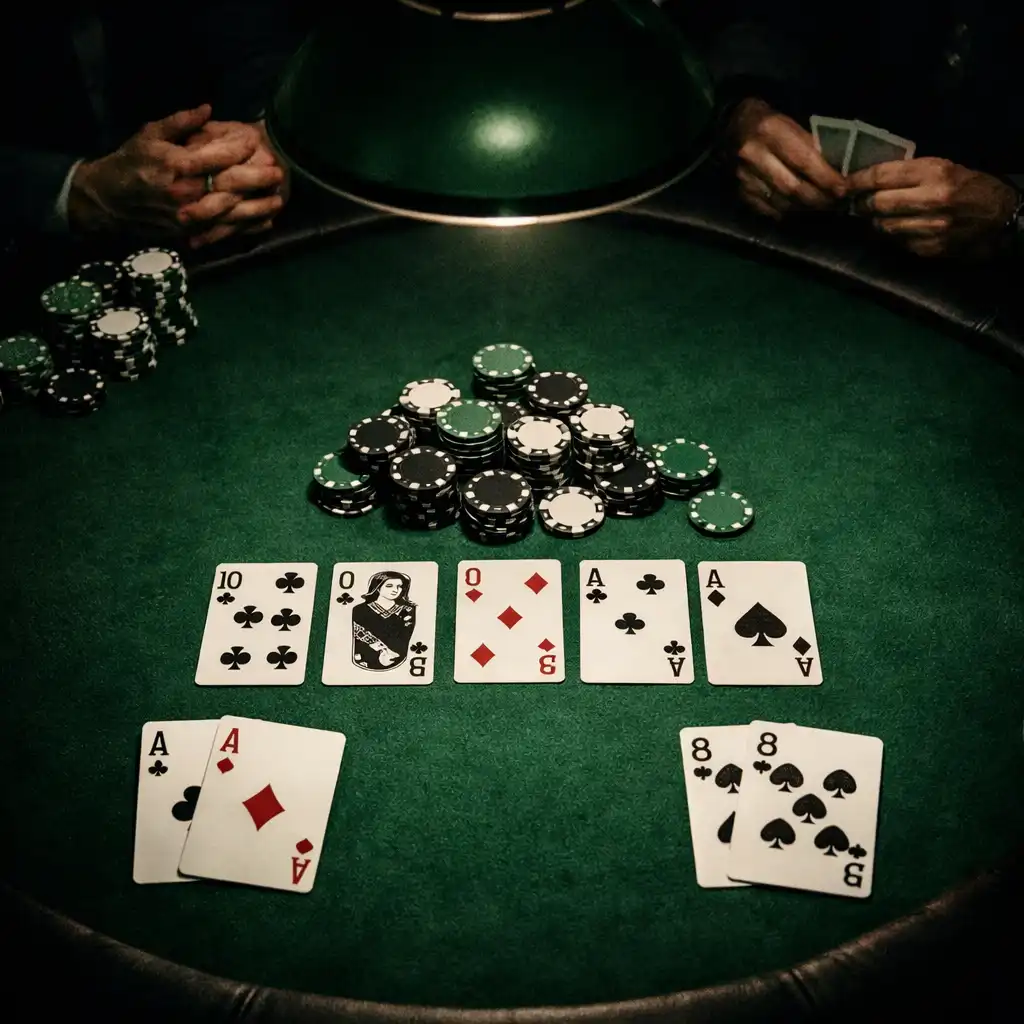 Stół pokerowy z kartami i żetonami w ciemnym, klimatycznym oświetleniu