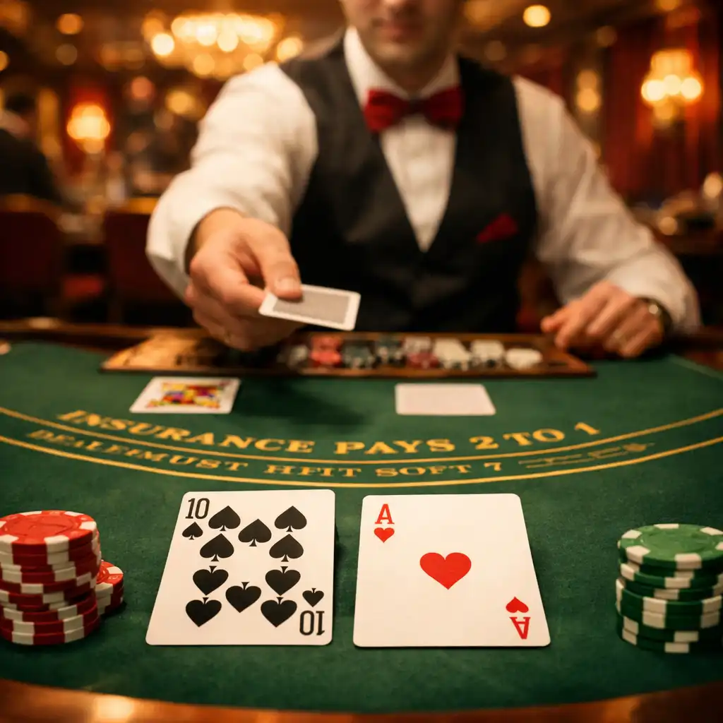 Stół do blackjacka z kartami i żetonami, krupier rozdający karty