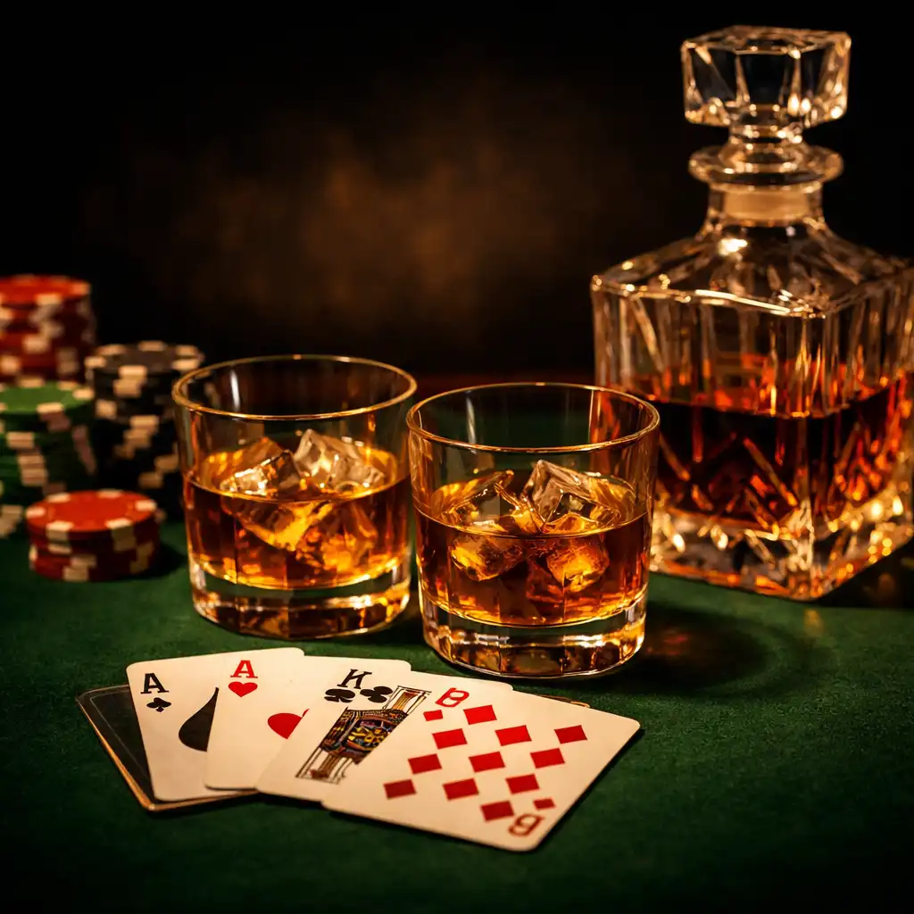 Stół kasynowy z kartami i żetonami obok kieliszków whisky i karafki