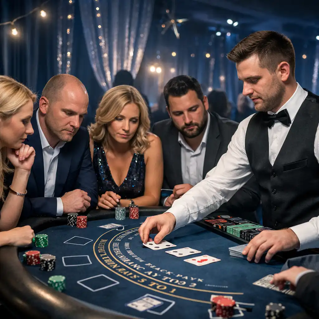 Pracownicy w eleganckich strojach grają w blackjacka podczas imprezy firmowej