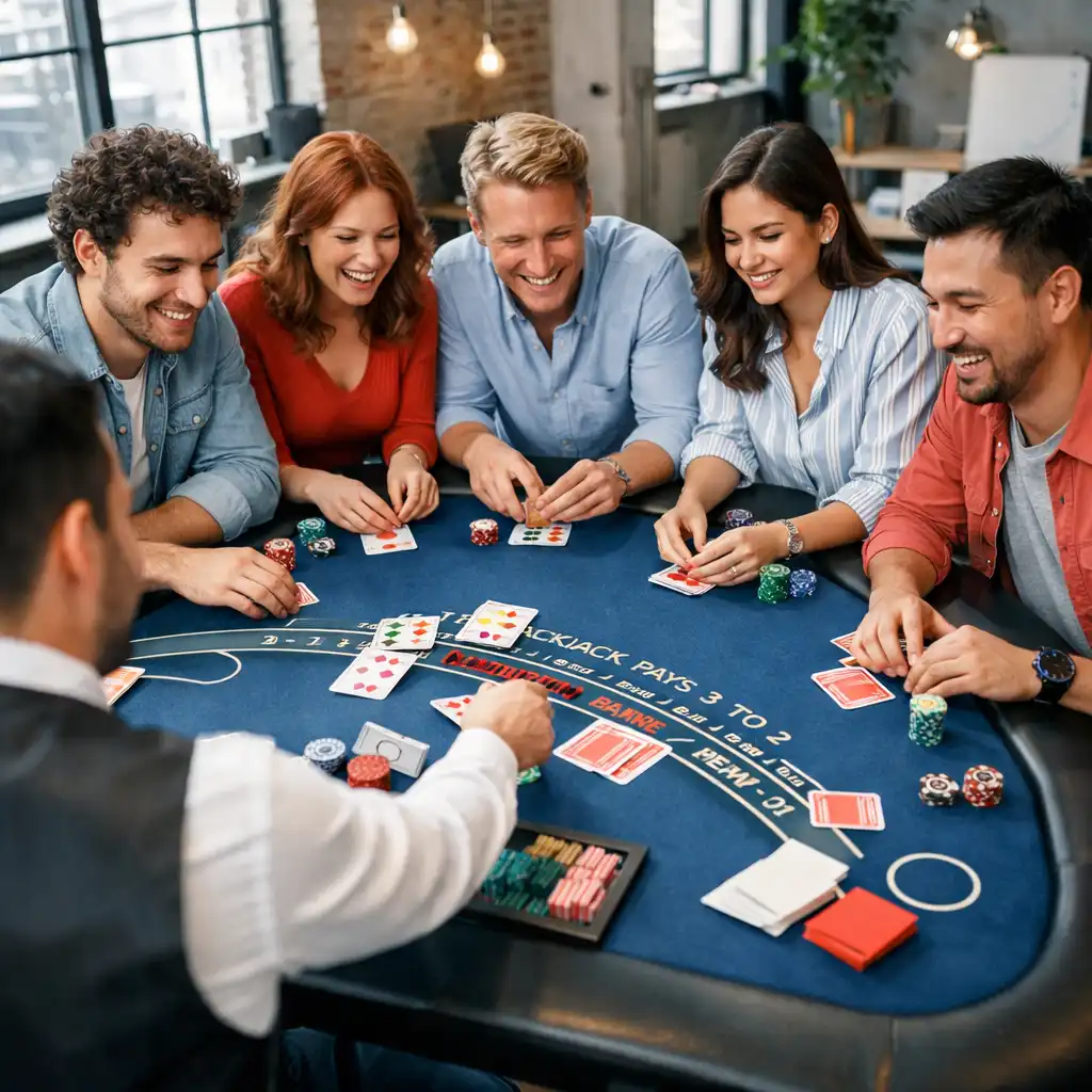 Grupa młodych profesjonalistów w luźnych strojach przy stołach do blackjacka podczas team buildingu