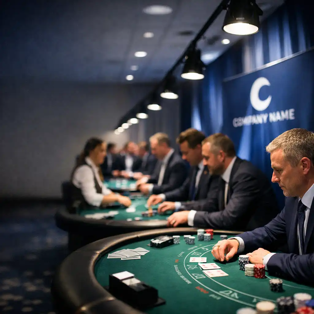 Elegancka sala konferencyjna przekształcona w kasyno z stołami do blackjacka i biznesmenami w garniturach